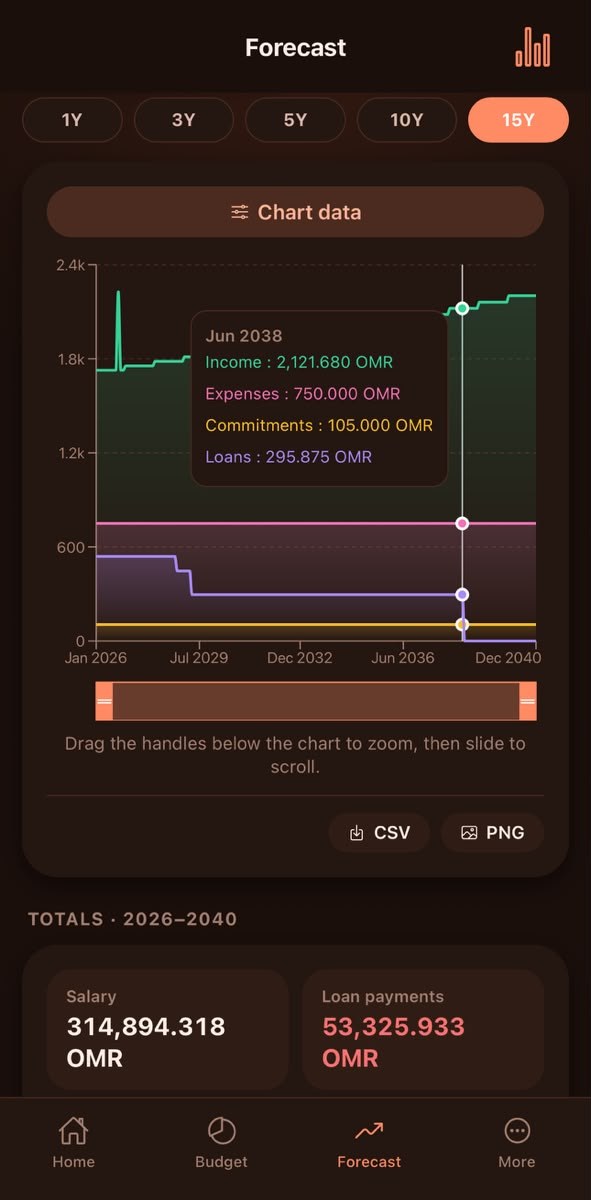 Zero+ forecast screen: a 15-year projection of income, expenses, commitments and loans