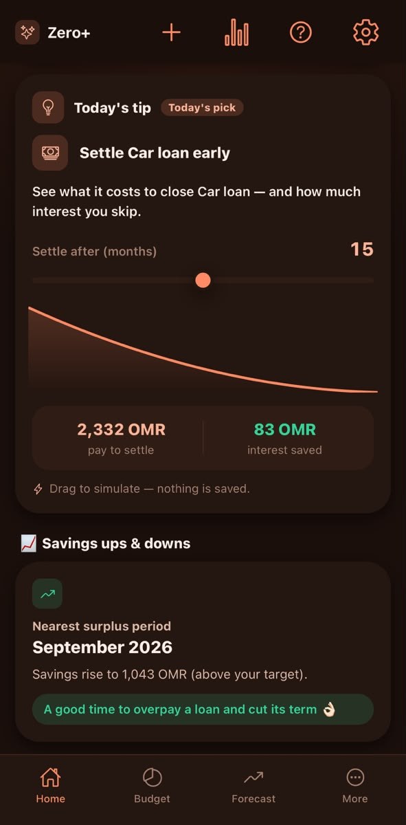 Zero+ daily tip: a slider simulating settling a car loan early, showing payoff cost and interest saved